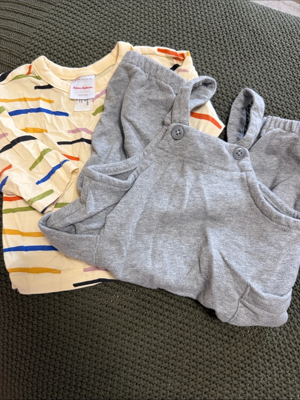 Hanna Andersson 3-6 Month Gray Knit Overall Romper with Striped Cream Tee